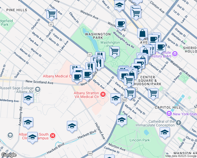 map of restaurants, bars, coffee shops, grocery stores, and more near 116 Morris Street in Albany