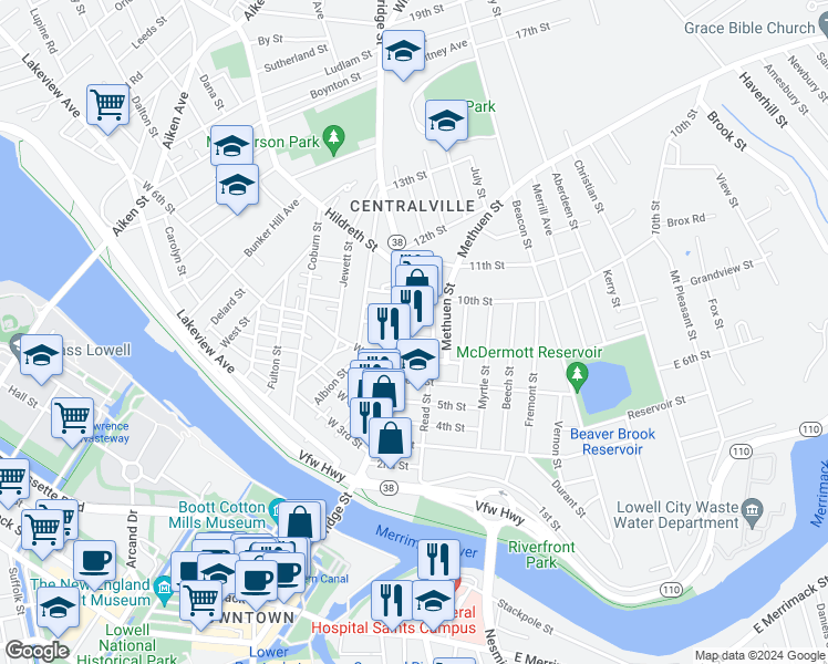map of restaurants, bars, coffee shops, grocery stores, and more near 581 Bridge Street in Lowell