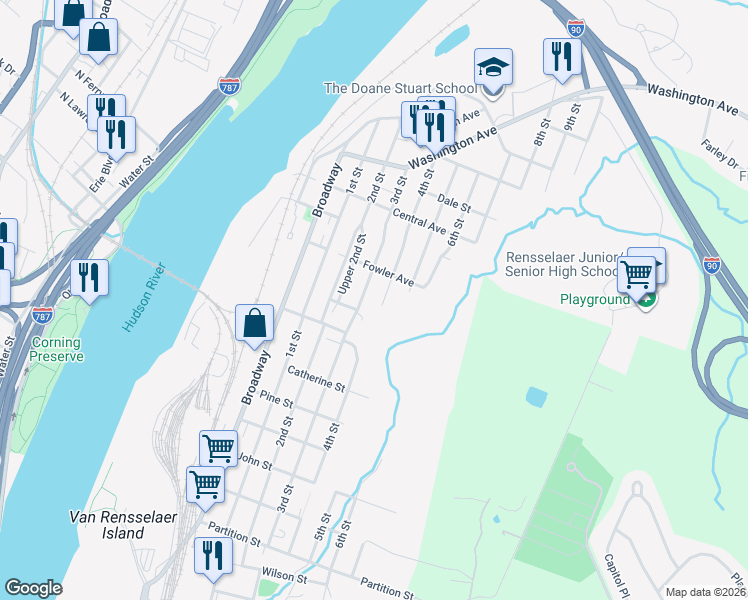 map of restaurants, bars, coffee shops, grocery stores, and more near 1422 3rd Street in Rensselaer