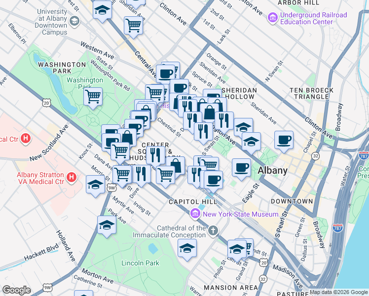 map of restaurants, bars, coffee shops, grocery stores, and more near 139.5 Jay Street in Albany