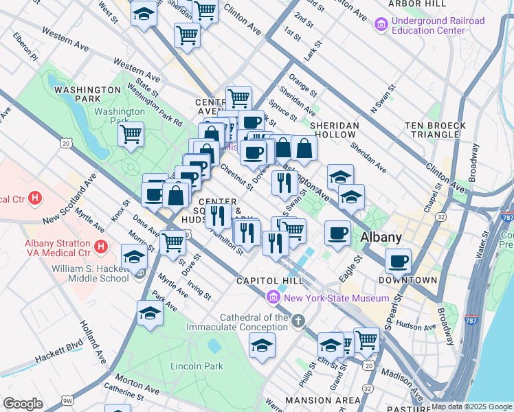 map of restaurants, bars, coffee shops, grocery stores, and more near 139.5 Jay Street in Albany