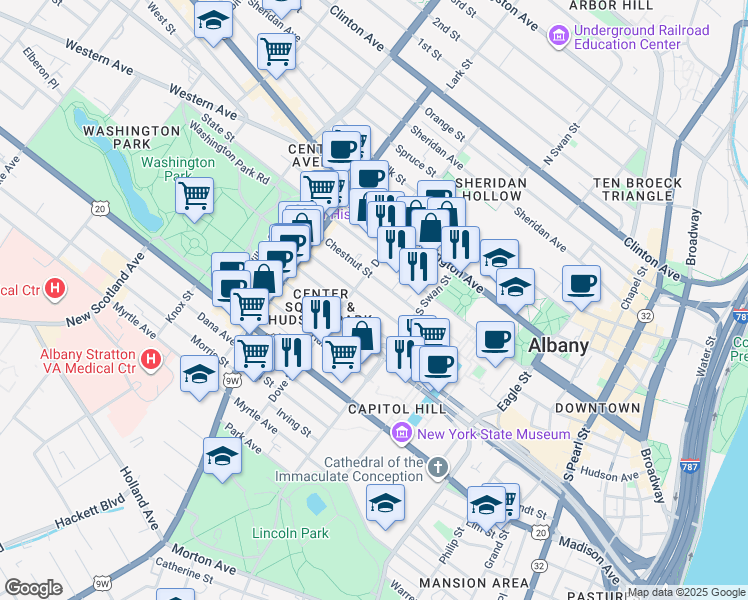 map of restaurants, bars, coffee shops, grocery stores, and more near 139.5 Jay Street in Albany