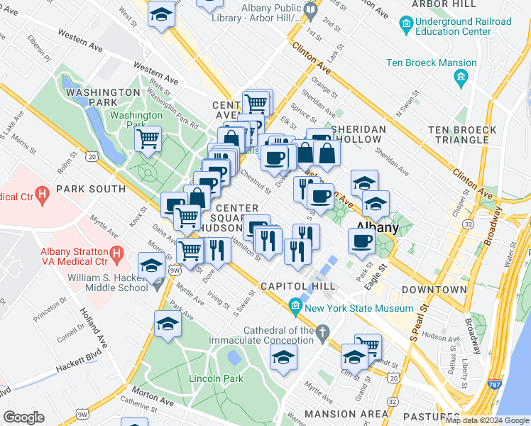 map of restaurants, bars, coffee shops, grocery stores, and more near 139.5 Jay Street in Albany