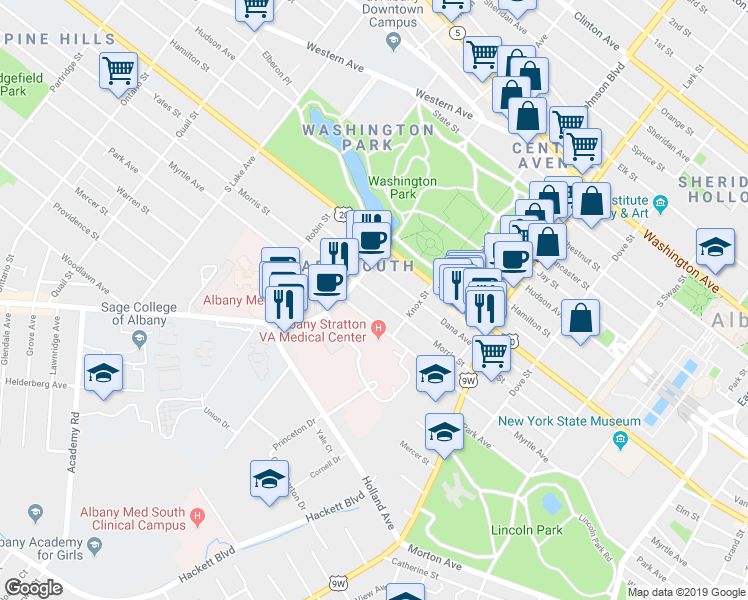map of restaurants, bars, coffee shops, grocery stores, and more near 341 Myrtle Avenue in Albany