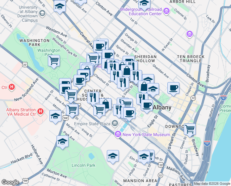 map of restaurants, bars, coffee shops, grocery stores, and more near 100 South Swan Street in Albany