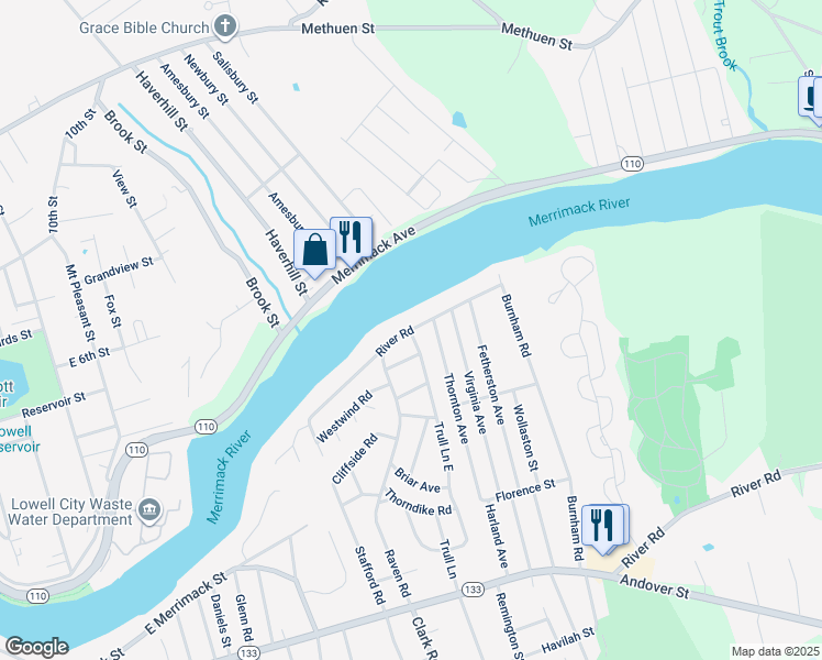 map of restaurants, bars, coffee shops, grocery stores, and more near in Lowell