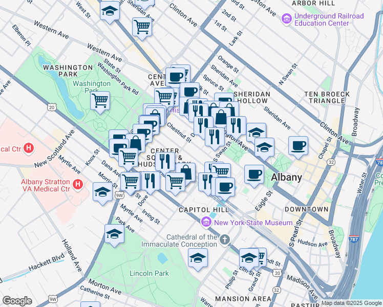 map of restaurants, bars, coffee shops, grocery stores, and more near 145 Lancaster Street in Albany