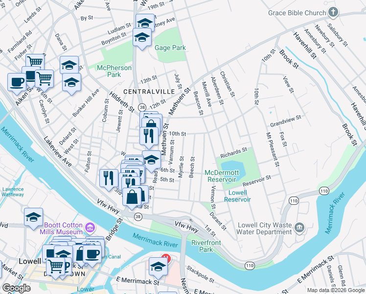 map of restaurants, bars, coffee shops, grocery stores, and more near 148 Myrtle St in Lowell