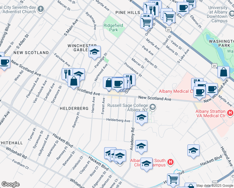 map of restaurants, bars, coffee shops, grocery stores, and more near 269 New Scotland Avenue in Albany