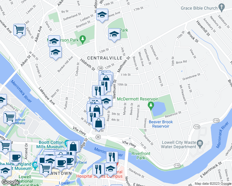 map of restaurants, bars, coffee shops, grocery stores, and more near 31 Methuen Street in Lowell