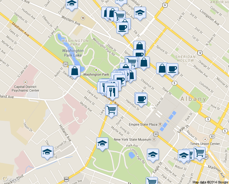 map of restaurants, bars, coffee shops, grocery stores, and more near 368 Hudson Avenue in Albany