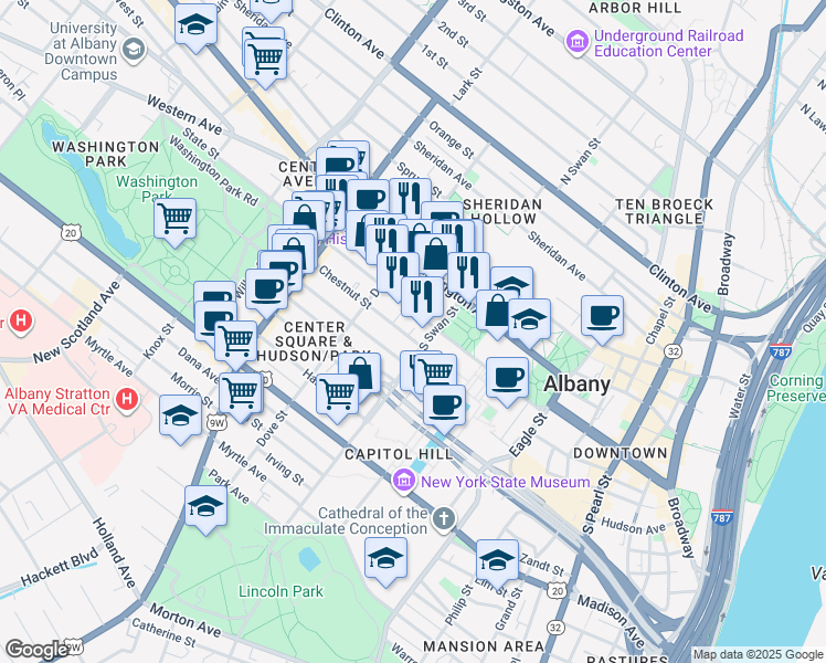 map of restaurants, bars, coffee shops, grocery stores, and more near 67 Chestnut Street in Albany