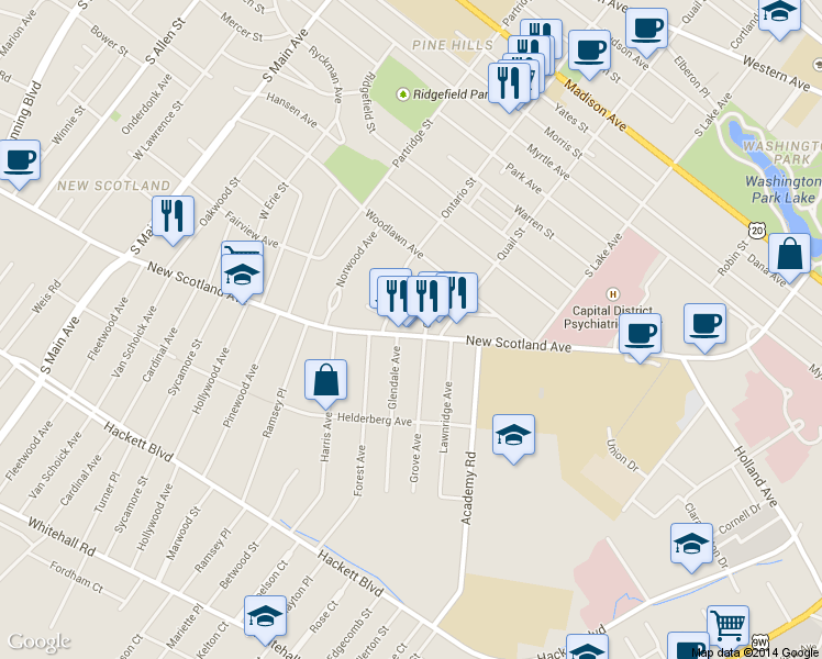 map of restaurants, bars, coffee shops, grocery stores, and more near 273 New Scotland Avenue in Albany