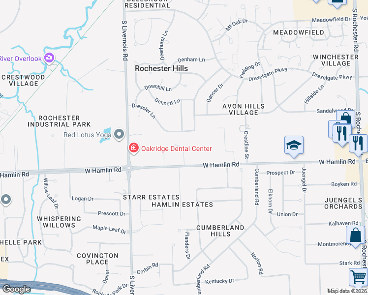 map of restaurants, bars, coffee shops, grocery stores, and more near 827 Dressler Lane in Rochester Hills
