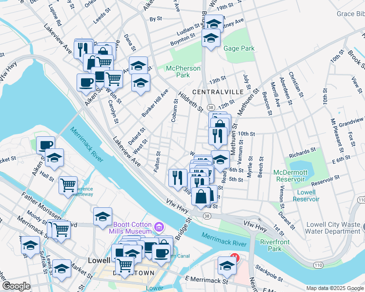 map of restaurants, bars, coffee shops, grocery stores, and more near 6 Puffer Avenue in Lowell