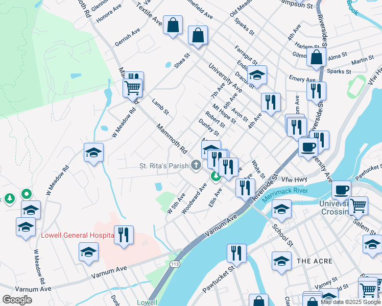 map of restaurants, bars, coffee shops, grocery stores, and more near 15 7th Avenue in Lowell
