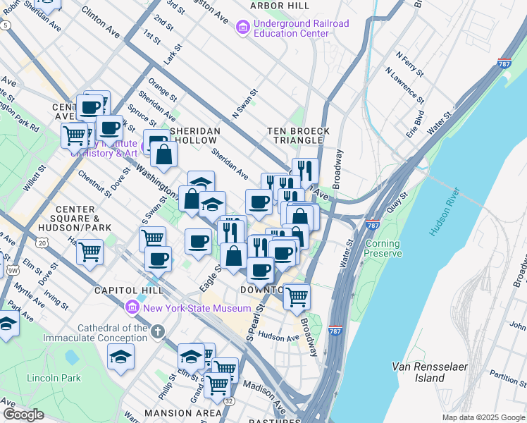 map of restaurants, bars, coffee shops, grocery stores, and more near 56 Sheridan Avenue in Albany