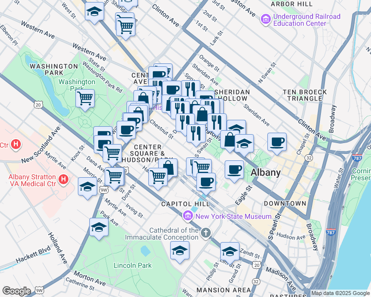 map of restaurants, bars, coffee shops, grocery stores, and more near 259 State Street in Albany
