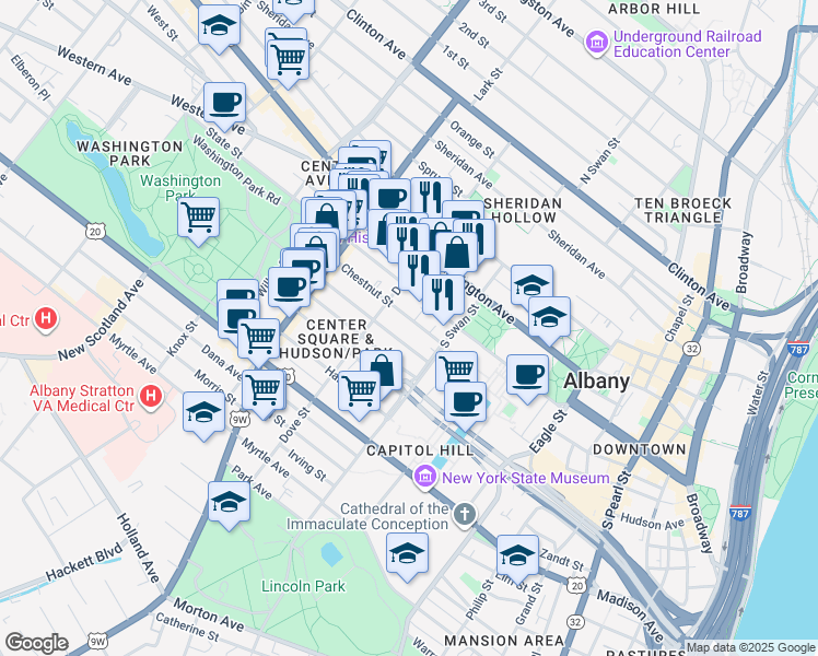 map of restaurants, bars, coffee shops, grocery stores, and more near in Albany