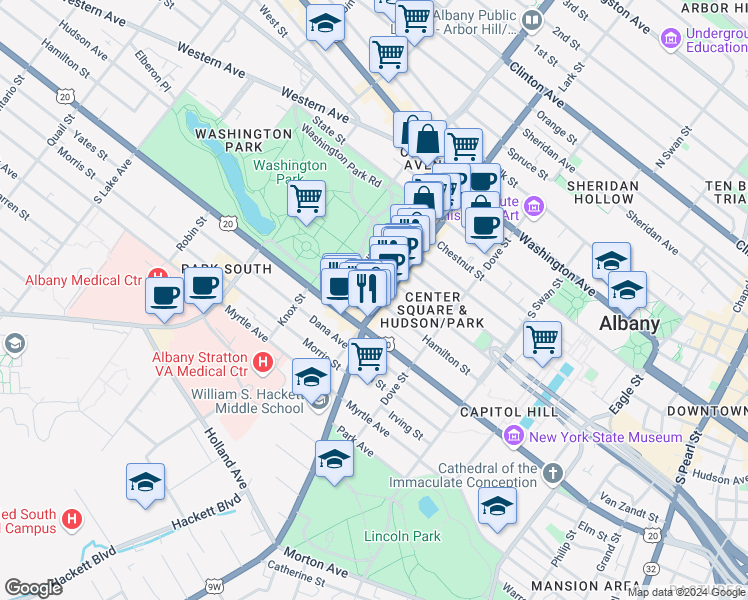 map of restaurants, bars, coffee shops, grocery stores, and more near in Albany