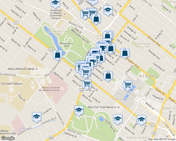 map of restaurants, bars, coffee shops, grocery stores, and more near in Albany