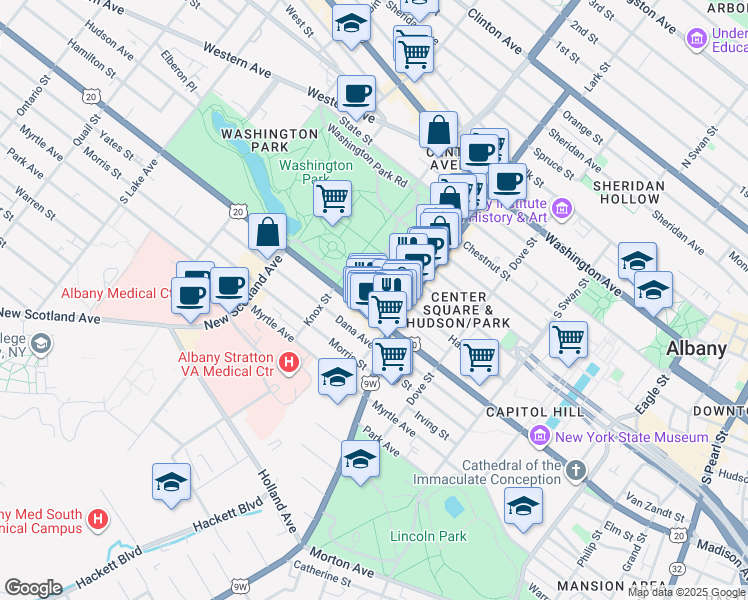 map of restaurants, bars, coffee shops, grocery stores, and more near 84 Willett Street in Albany