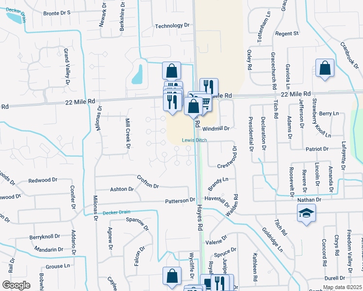 map of restaurants, bars, coffee shops, grocery stores, and more near 48597 Hayes Road in Shelby Charter Township