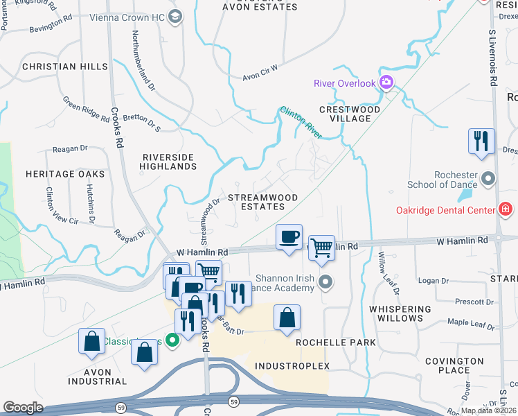 map of restaurants, bars, coffee shops, grocery stores, and more near 1895 Burning Bush Court in Rochester Hills