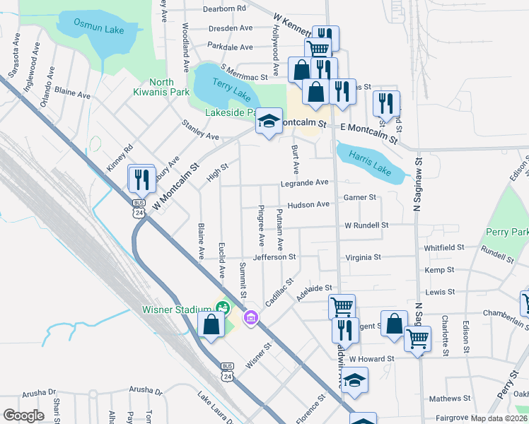 map of restaurants, bars, coffee shops, grocery stores, and more near 156 Pingree Avenue in Pontiac
