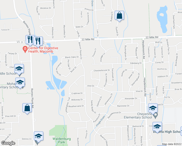 map of restaurants, bars, coffee shops, grocery stores, and more near 48418 Marion Drive in Macomb