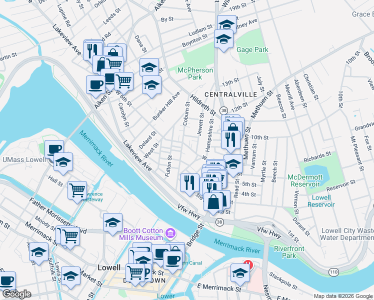 map of restaurants, bars, coffee shops, grocery stores, and more near 6 Puffer Avenue in Lowell