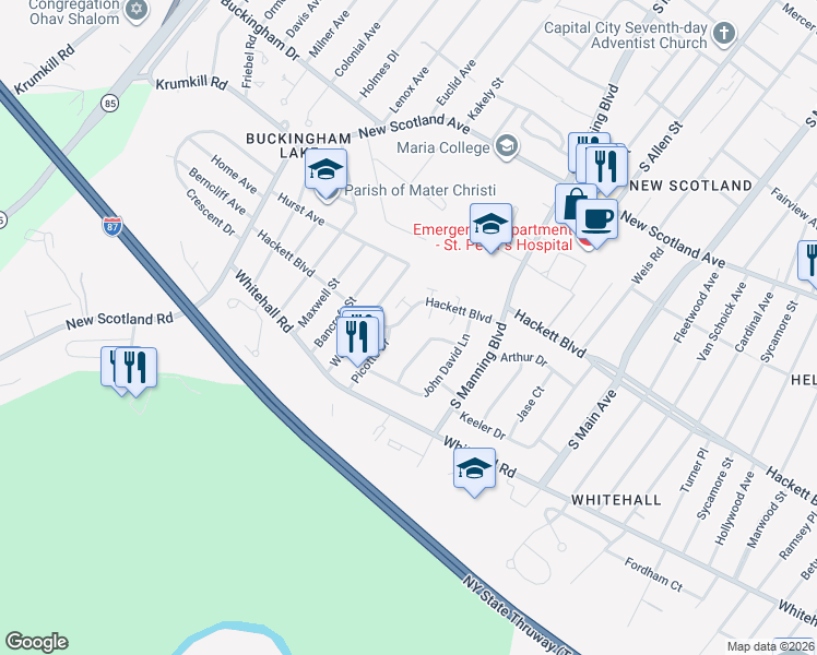 map of restaurants, bars, coffee shops, grocery stores, and more near 372 Hackett Boulevard in Albany