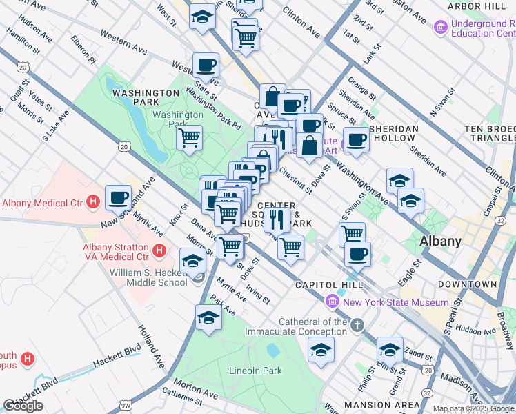 map of restaurants, bars, coffee shops, grocery stores, and more near 338 Hudson Avenue in Albany