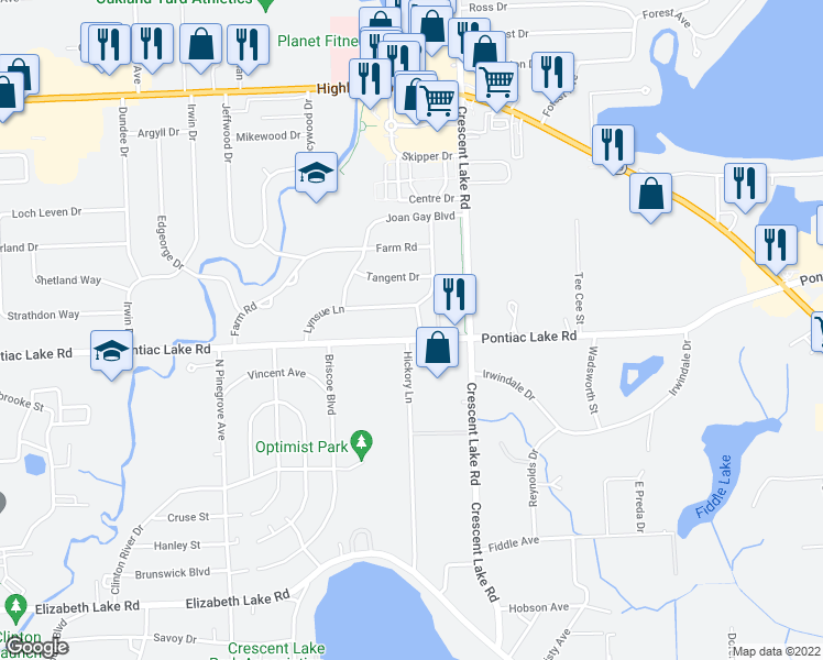 map of restaurants, bars, coffee shops, grocery stores, and more near 1061 Buster Drive in Waterford Township