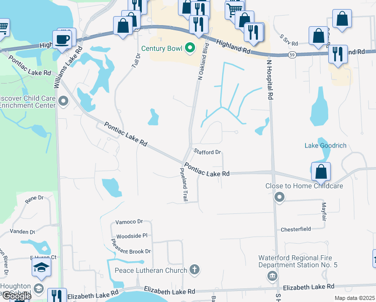 map of restaurants, bars, coffee shops, grocery stores, and more near 1049 North Oakland Boulevard in Waterford Township