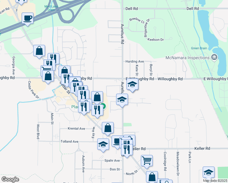map of restaurants, bars, coffee shops, grocery stores, and more near 2455 North Aurelius Road in Delhi charter Township
