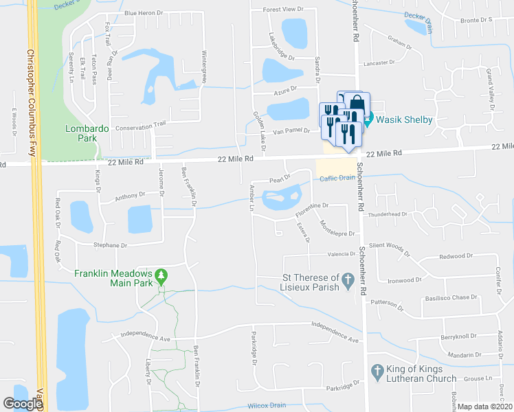 map of restaurants, bars, coffee shops, grocery stores, and more near 48556 Amber Lane in Shelby charter Township