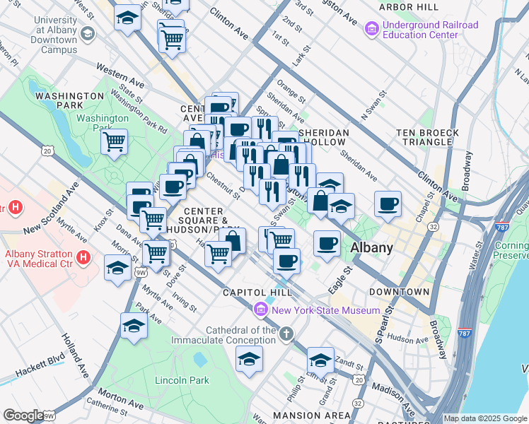map of restaurants, bars, coffee shops, grocery stores, and more near 71 Chestnut Street in Albany