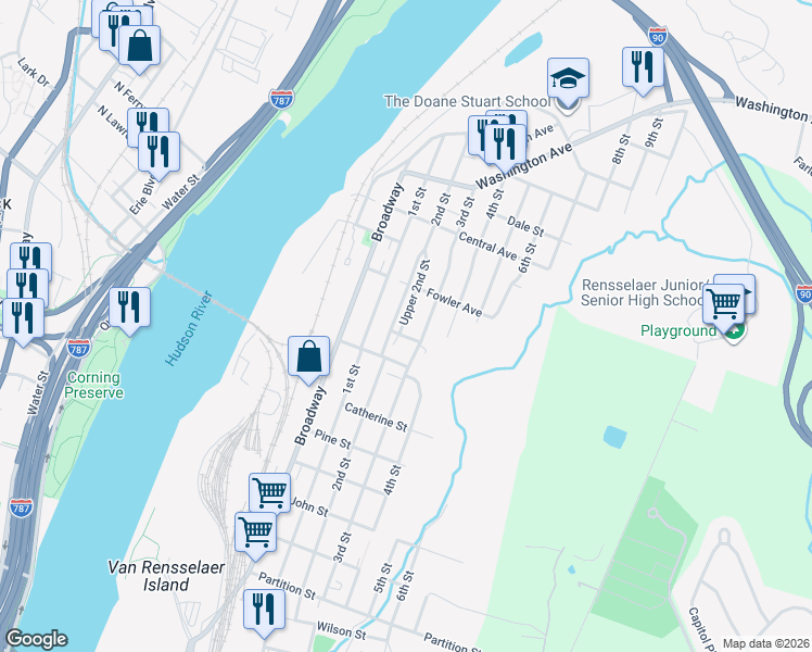 map of restaurants, bars, coffee shops, grocery stores, and more near 1465 2nd Street in Rensselaer