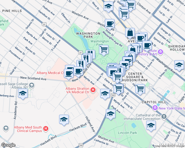map of restaurants, bars, coffee shops, grocery stores, and more near 105 Morris Street in Albany