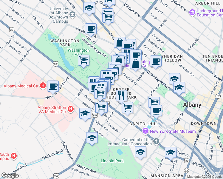 map of restaurants, bars, coffee shops, grocery stores, and more near 222 Jay Street in Albany