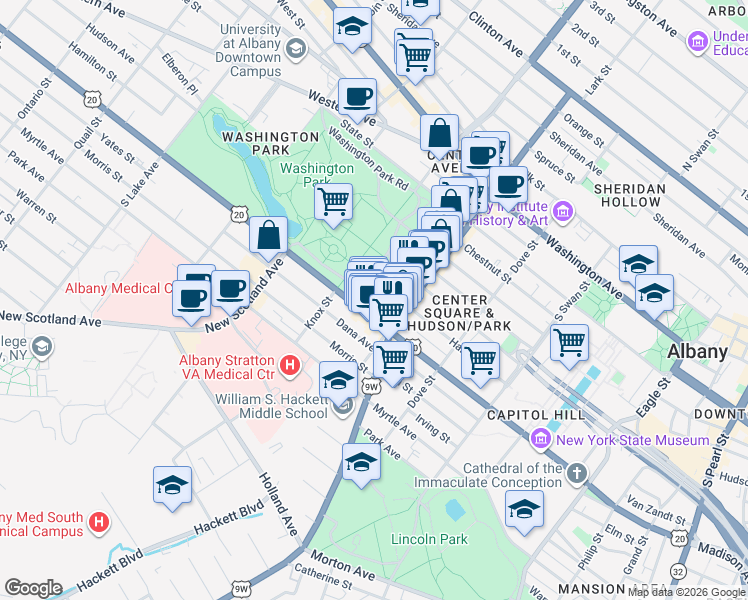 map of restaurants, bars, coffee shops, grocery stores, and more near 98 Willett Street in Albany