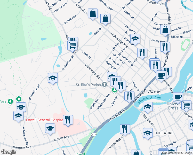 map of restaurants, bars, coffee shops, grocery stores, and more near 15 7th Avenue in Lowell
