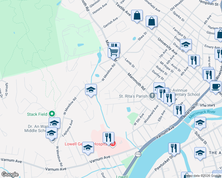map of restaurants, bars, coffee shops, grocery stores, and more near 68 Chase Avenue in Lowell