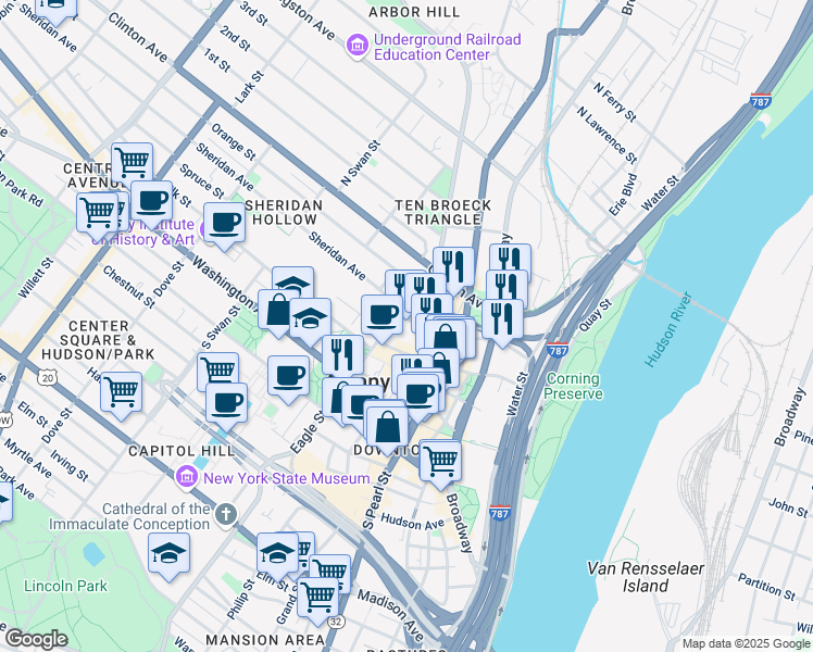 map of restaurants, bars, coffee shops, grocery stores, and more near 25 Monroe Street in Albany