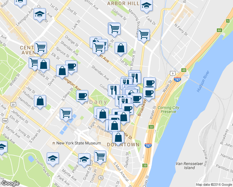 map of restaurants, bars, coffee shops, grocery stores, and more near 56 Sheridan Avenue in Albany