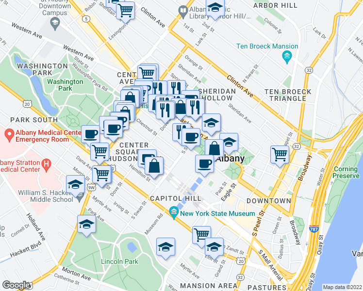 map of restaurants, bars, coffee shops, grocery stores, and more near 259 State Street in Albany
