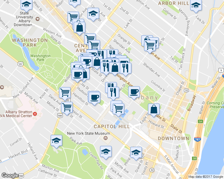 map of restaurants, bars, coffee shops, grocery stores, and more near 259 State Street in Albany