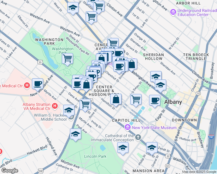 map of restaurants, bars, coffee shops, grocery stores, and more near 179 Lancaster Street in Albany