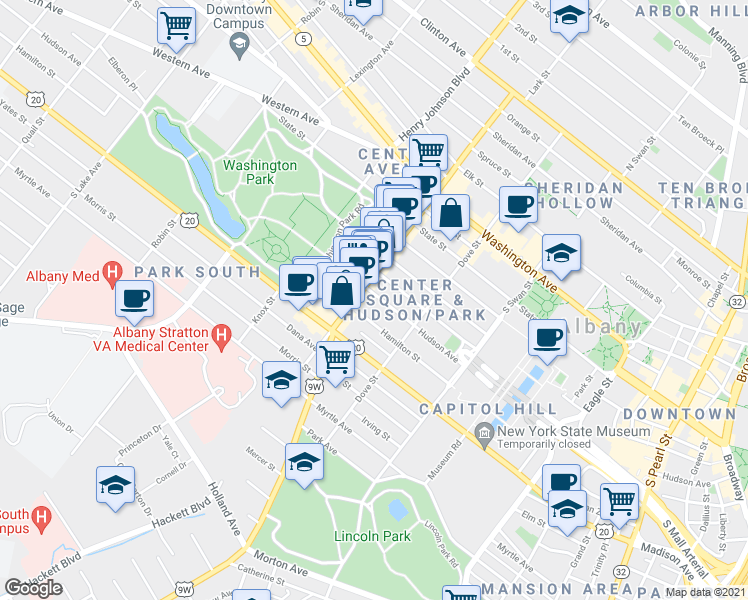 map of restaurants, bars, coffee shops, grocery stores, and more near 222 Jay Street in Albany